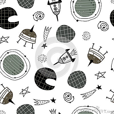 Seamless pattern with cartoon planets, spaceship, moon, stars, decor elements. Colorful vector flat style for kids. Space. Vector Illustration